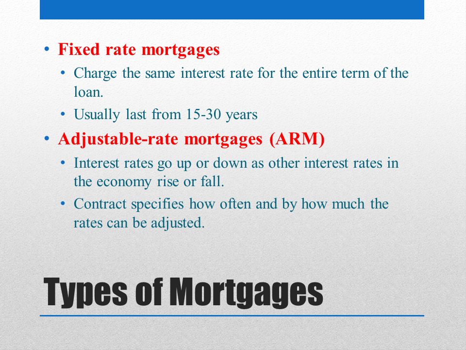 Types of Mortgages Fixed rate mortgages