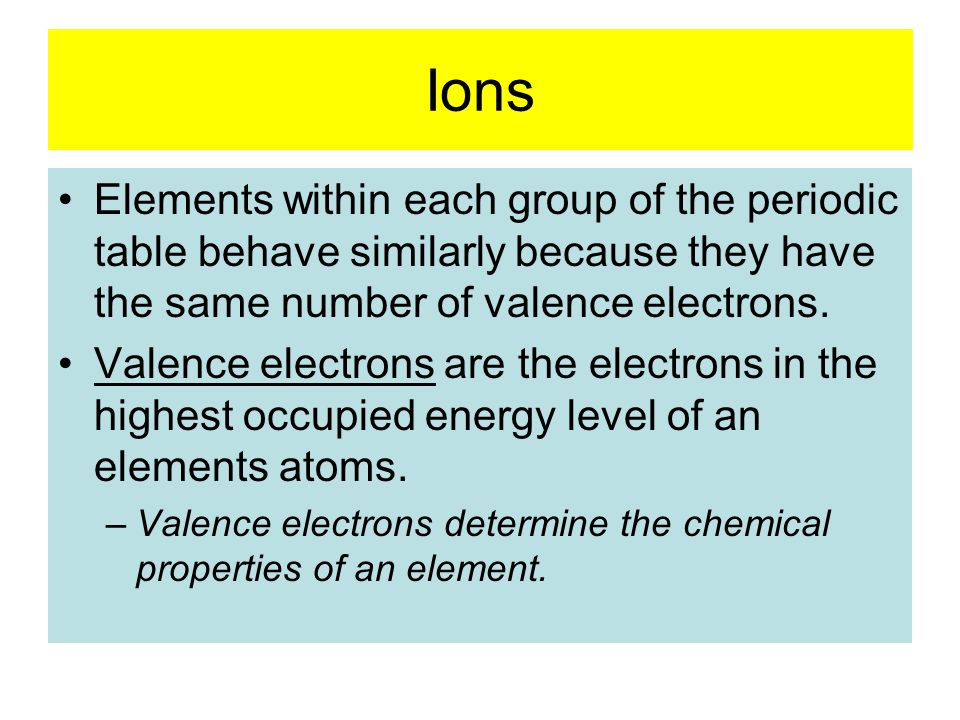 Ions Elements within each group of the periodic table behave similarly because they have the same number of valence electrons.
