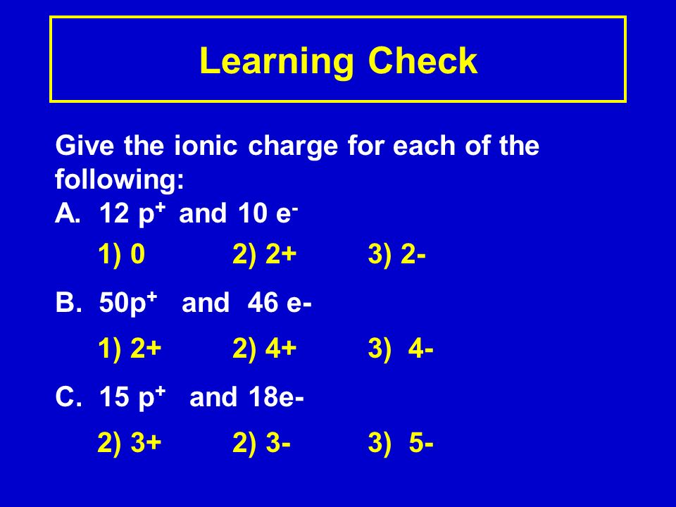 Learning Check Give the ionic charge for each of the following: