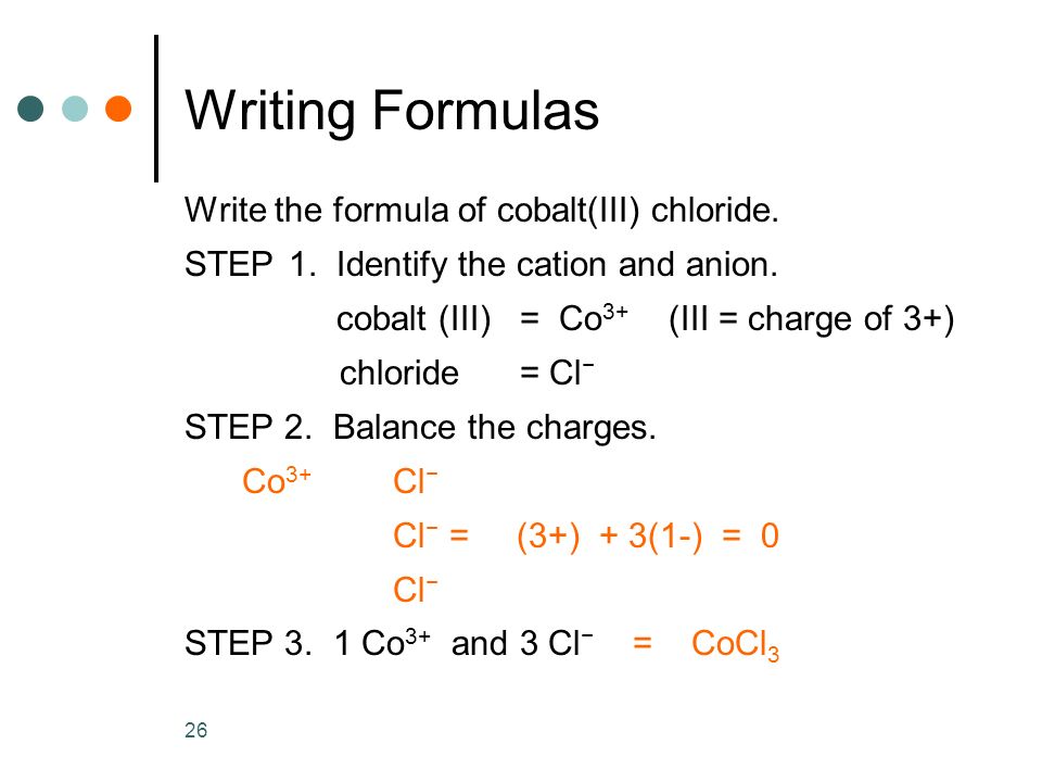 Writing Formulas Write the formula of cobalt(III) chloride.