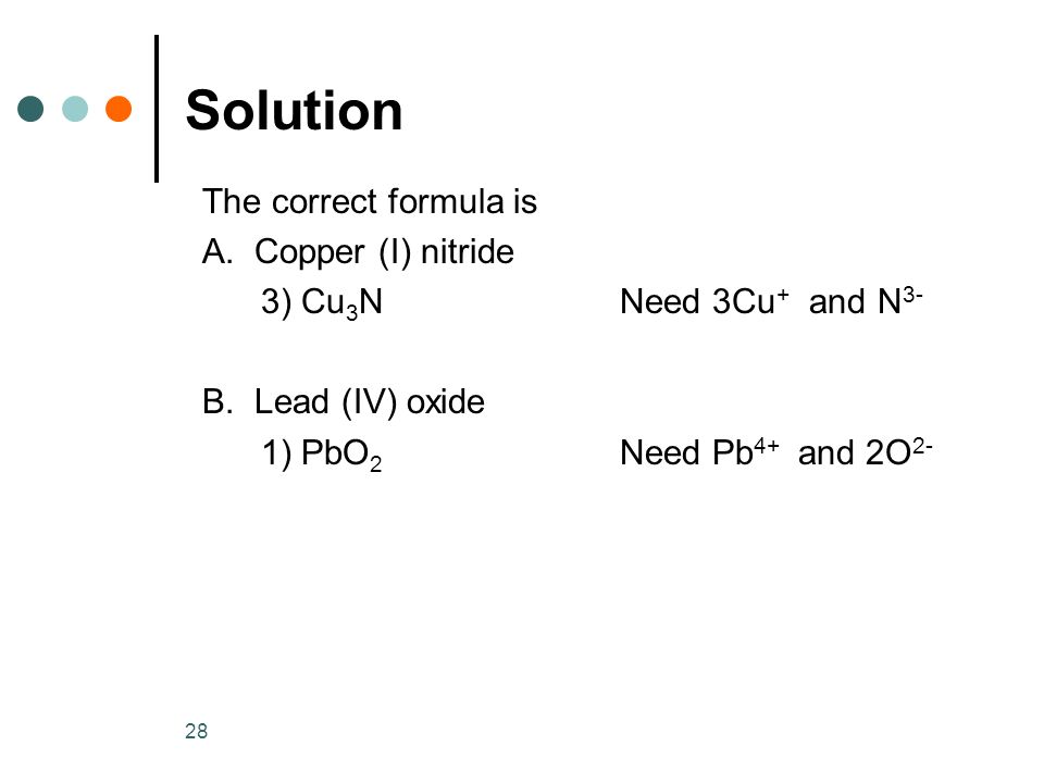 Solution The correct formula is A. Copper (I) nitride