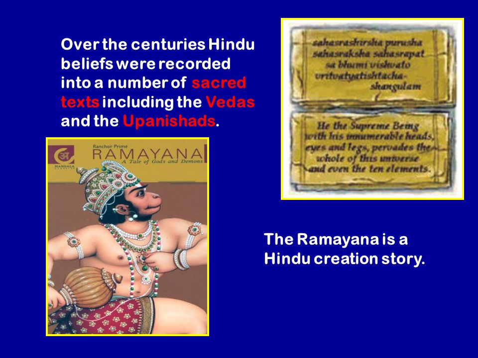 Over the centuries Hindu beliefs were recorded into a number of sacred texts including the Vedas and the Upanishads.