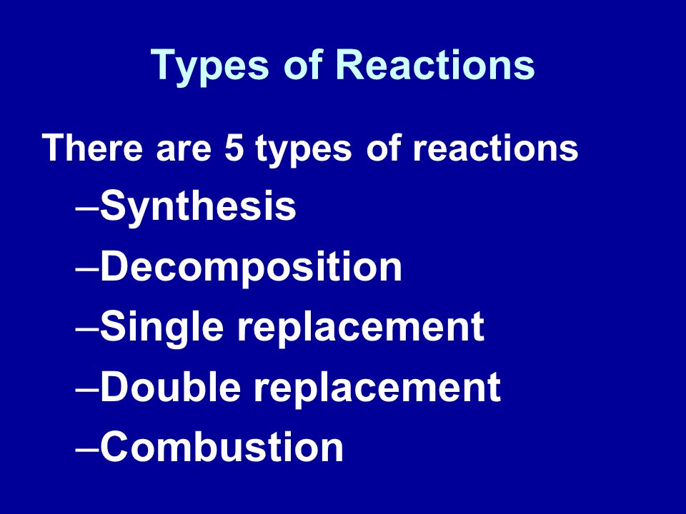 Types of Reactions Synthesis Decomposition Single replacement