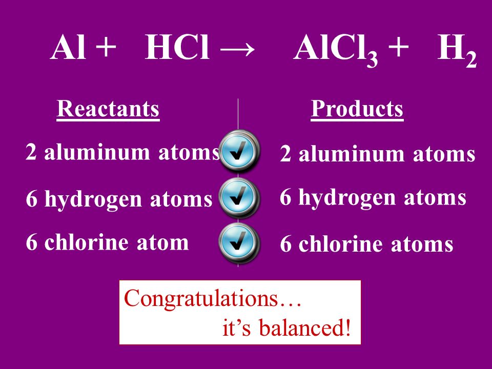 2Al + 6HCl → 2AlCl3 + 3H2 Reactants 1 aluminum atom 1 hydrogen atom