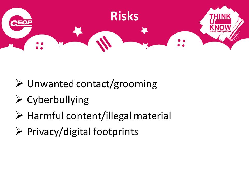 Risks Unwanted contact/grooming Cyberbullying