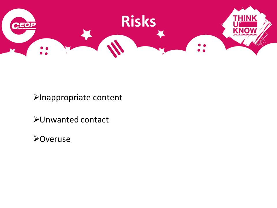 Risks Inappropriate content Unwanted contact Overuse