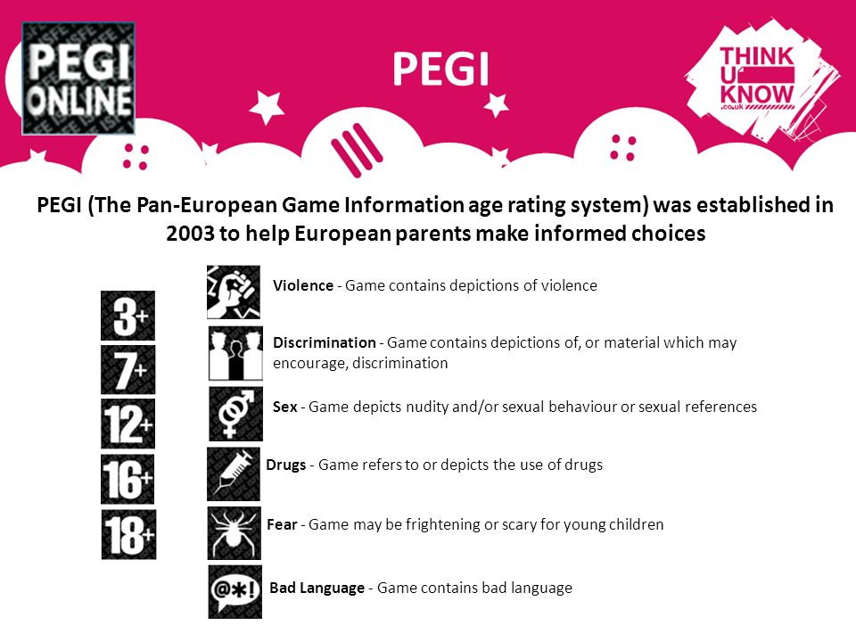 PEGI PEGI (The Pan-European Game Information age rating system) was established in 2003 to help European parents make informed choices.