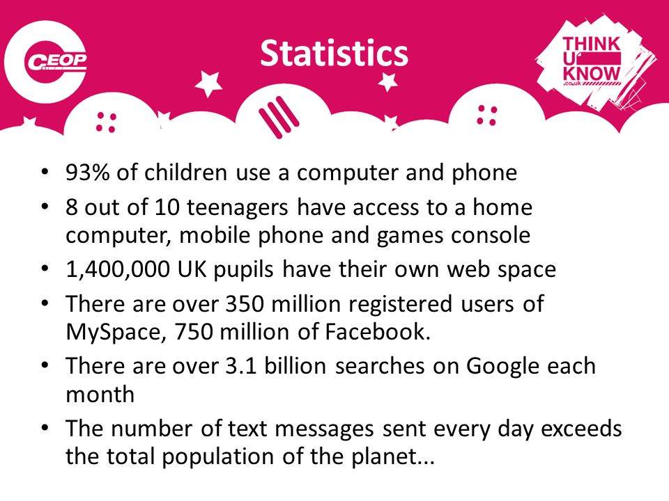 Statistics 93% of children use a computer and phone