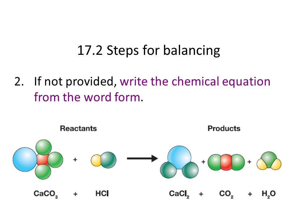 17.2 Steps for balancing If not provided, write the chemical equation from the word form.