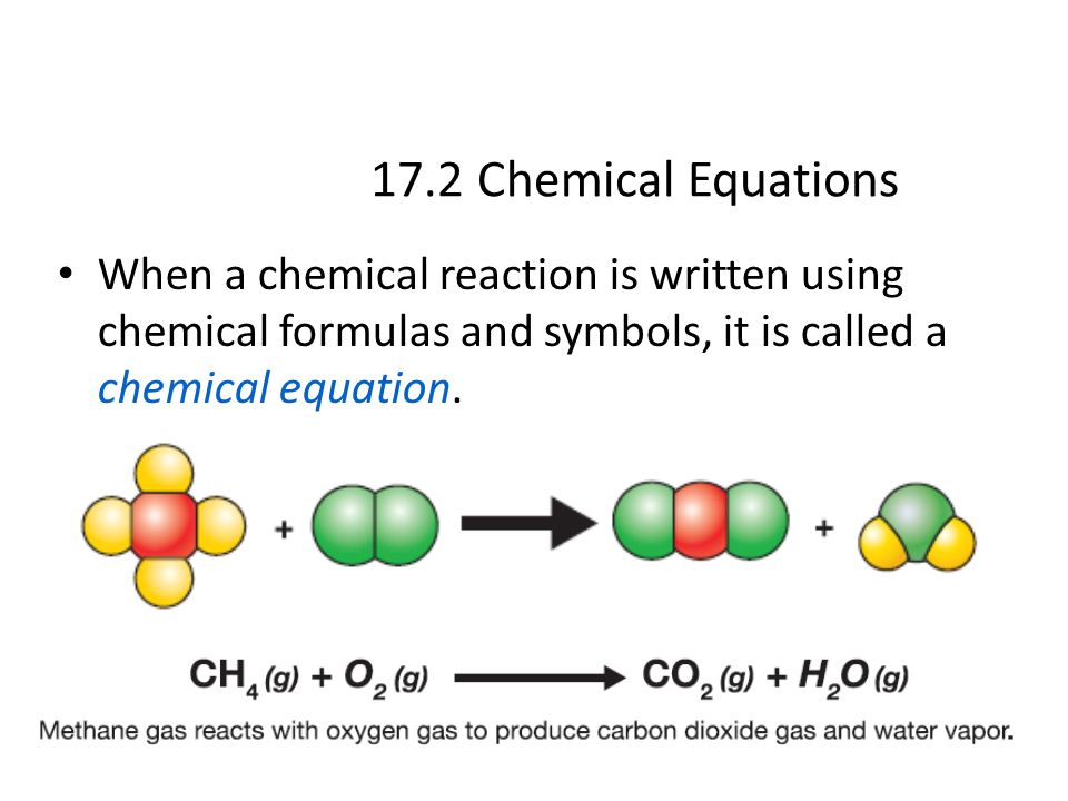 17.2 Chemical Equations When a chemical reaction is written using chemical formulas and symbols, it is called a chemical equation.