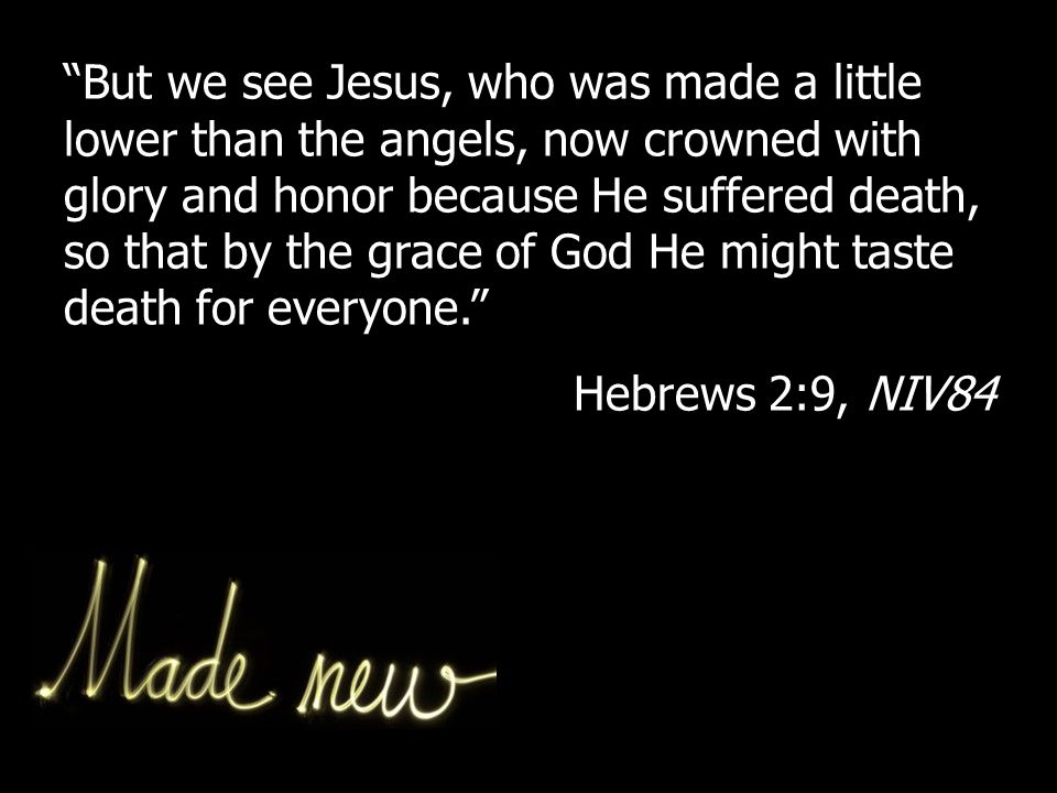 But we see Jesus, who was made a little lower than the angels, now crowned with glory and honor because He suffered death, so that by the grace of God He might taste death for everyone. Hebrews 2:9, NIV84
