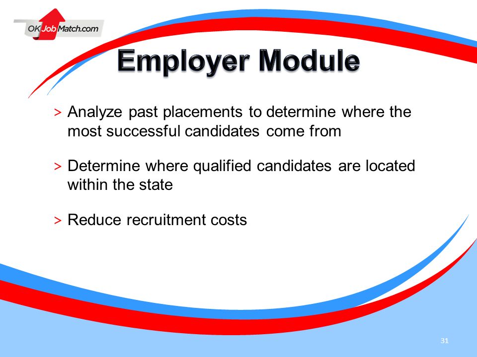Employer Module Analyze past placements to determine where the most successful candidates come from.