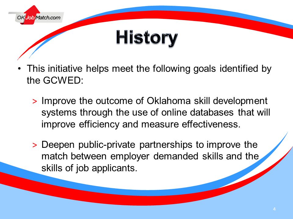 History This initiative helps meet the following goals identified by the GCWED: