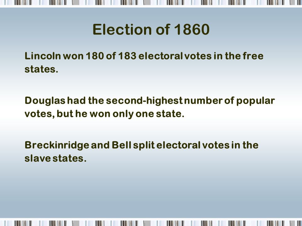 Election of 1860 Lincoln won 180 of 183 electoral votes in the free states.