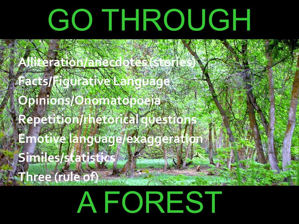 GO THROUGH A FOREST Alliteration/anecdotes (stories)