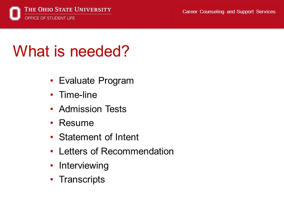 What is needed Evaluate Program Time-line Admission Tests Resume