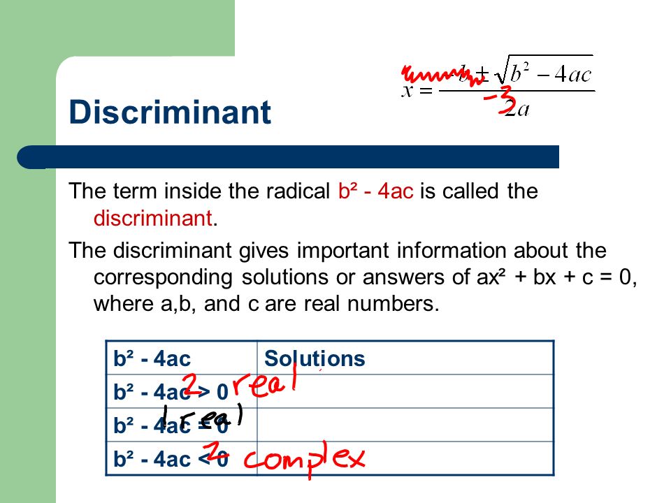 Discriminant The term inside the radical b² - 4ac is called the discriminant.