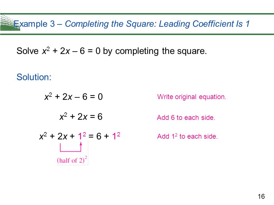 Example 3 – Completing the Square: Leading Coefficient Is 1