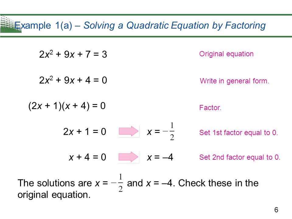 Example 1(a) – Solving a Quadratic Equation by Factoring