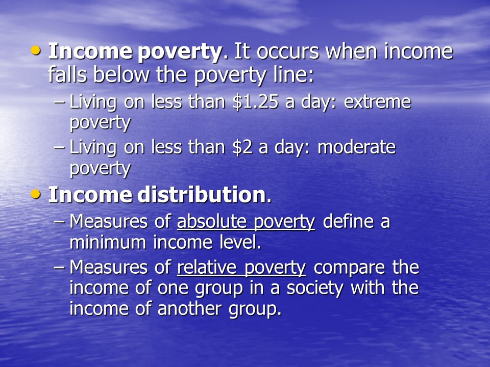 Income poverty. It occurs when income falls below the poverty line: