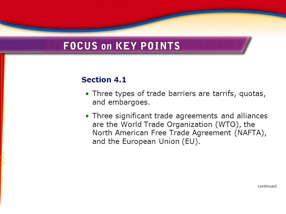 Three types of trade barriers are tarrifs, quotas, and embargoes.