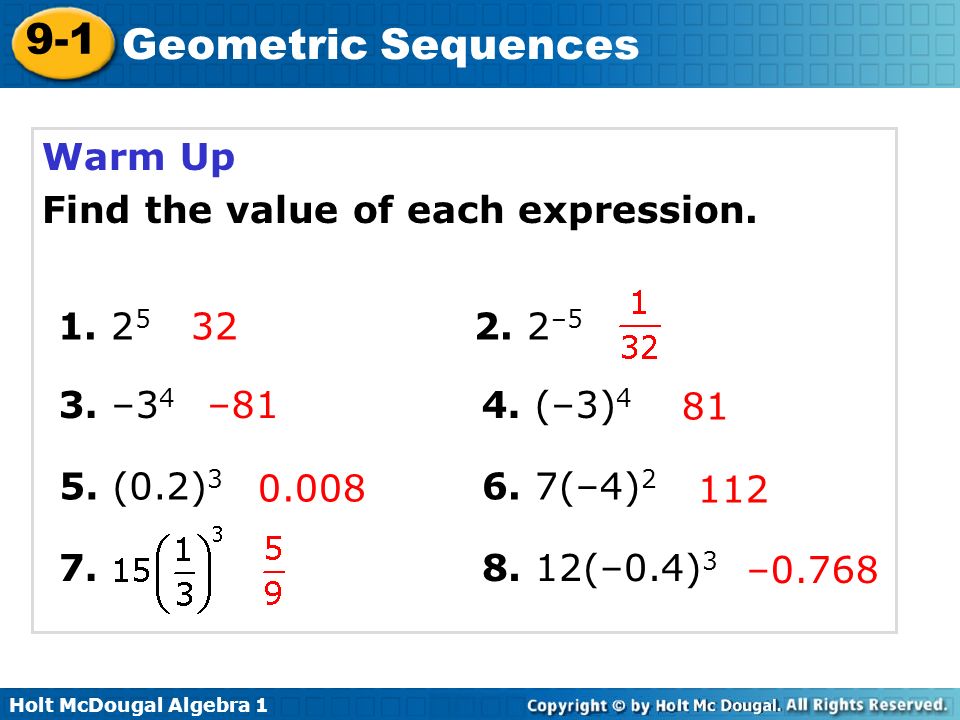 Warm Up Find the value of each expression –5. 3. –34. – (–3) (0.2)3.