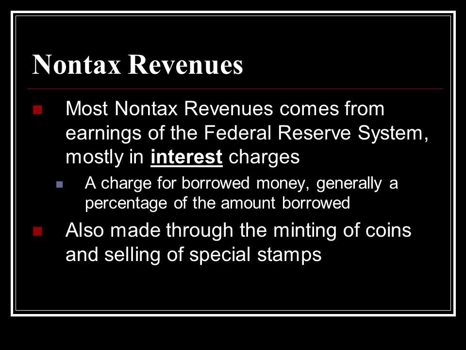Nontax Revenues Most Nontax Revenues comes from earnings of the Federal Reserve System, mostly in interest charges.