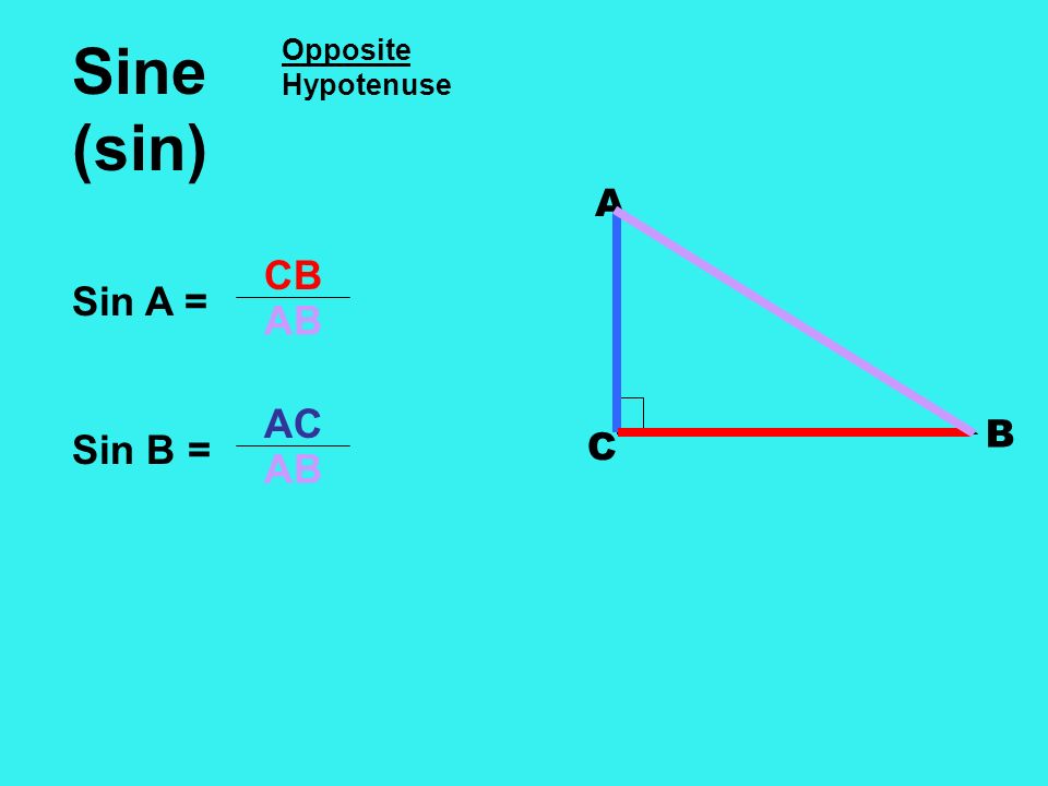 Sine (sin) Opposite Hypotenuse A C B CB Sin A = AB AC Sin B = AB
