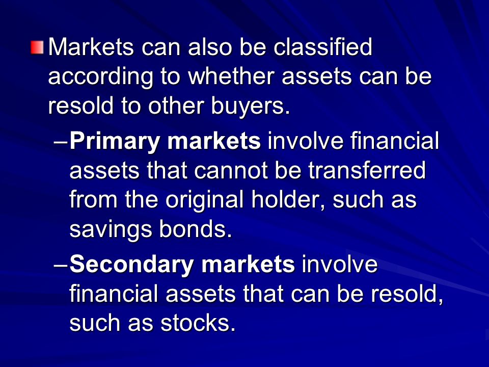 Markets can also be classified according to whether assets can be resold to other buyers.