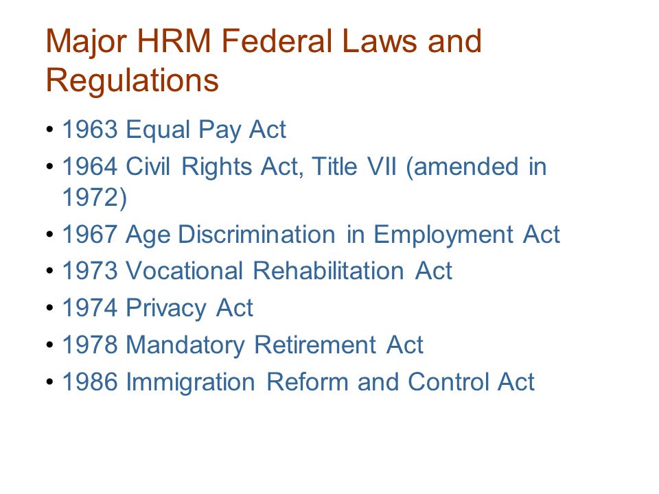 Major HRM Federal Laws and Regulations