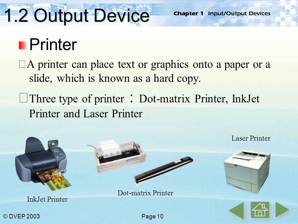 1.2 Output Device Printer. ‧A printer can place text or graphics onto a paper or a slide, which is known as a hard copy.