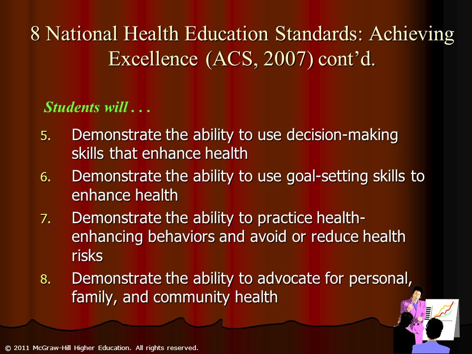 8 National Health Education Standards: Achieving Excellence (ACS, 2007) cont’d.