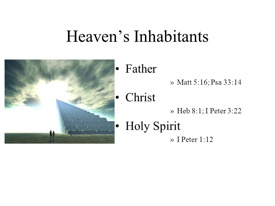 Heaven’s Inhabitants Father Christ Holy Spirit Matt 5:16; Psa 33:14