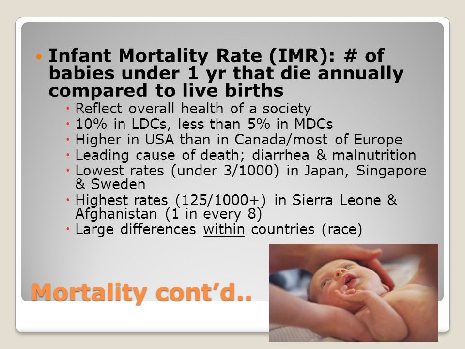 Infant Mortality Rate (IMR): # of babies under 1 yr that die annually compared to live births