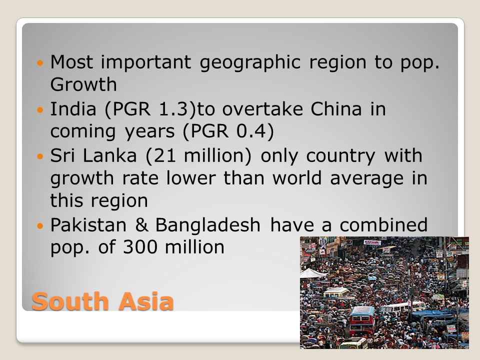 South Asia Most important geographic region to pop. Growth