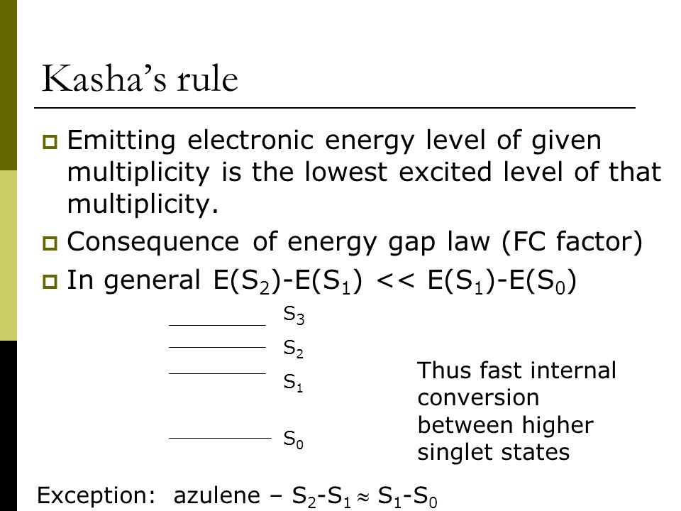 Kasha’s rule Emitting electronic energy level of given multiplicity is the lowest excited level of that multiplicity.