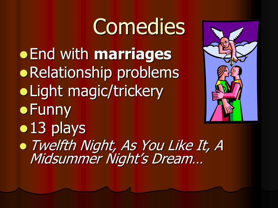 Comedies End with marriages Relationship problems Light magic/trickery