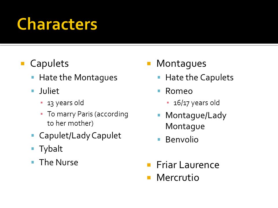Characters Capulets Montagues Friar Laurence Mercrutio