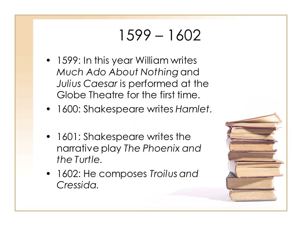 1599 – : In this year William writes Much Ado About Nothing and Julius Caesar is performed at the Globe Theatre for the first time.