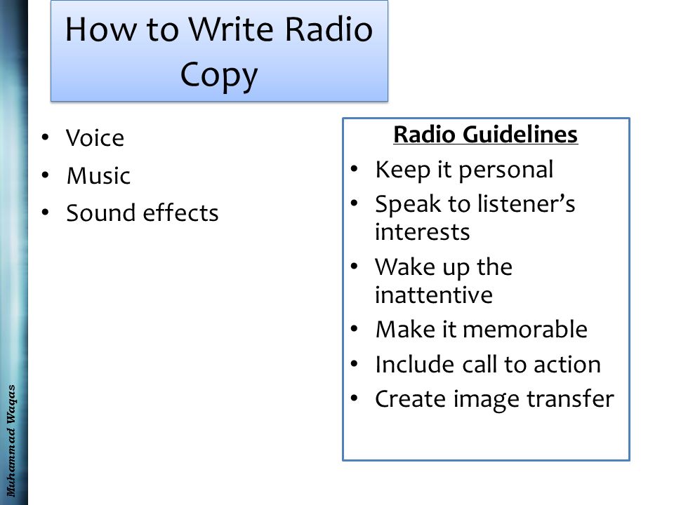 How to Write Radio Copy Voice Music Sound effects Radio Guidelines