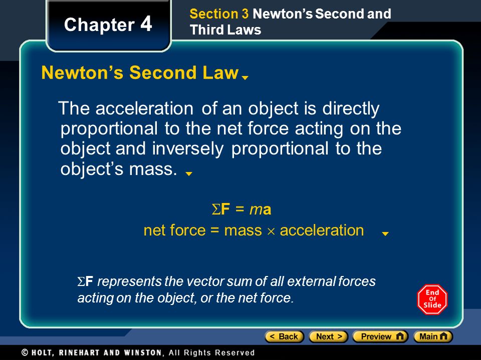 net force = mass  acceleration