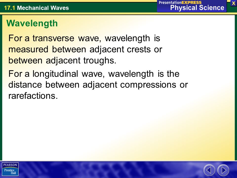 Wavelength For a transverse wave, wavelength is measured between adjacent crests or between adjacent troughs.
