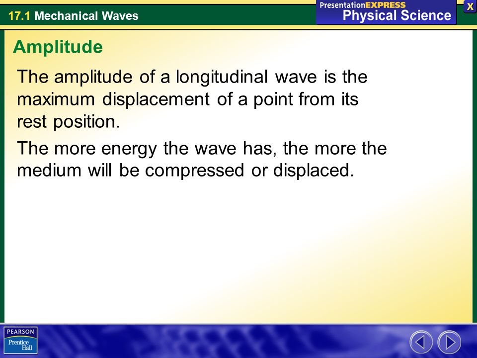 Amplitude The amplitude of a longitudinal wave is the maximum displacement of a point from its rest position.