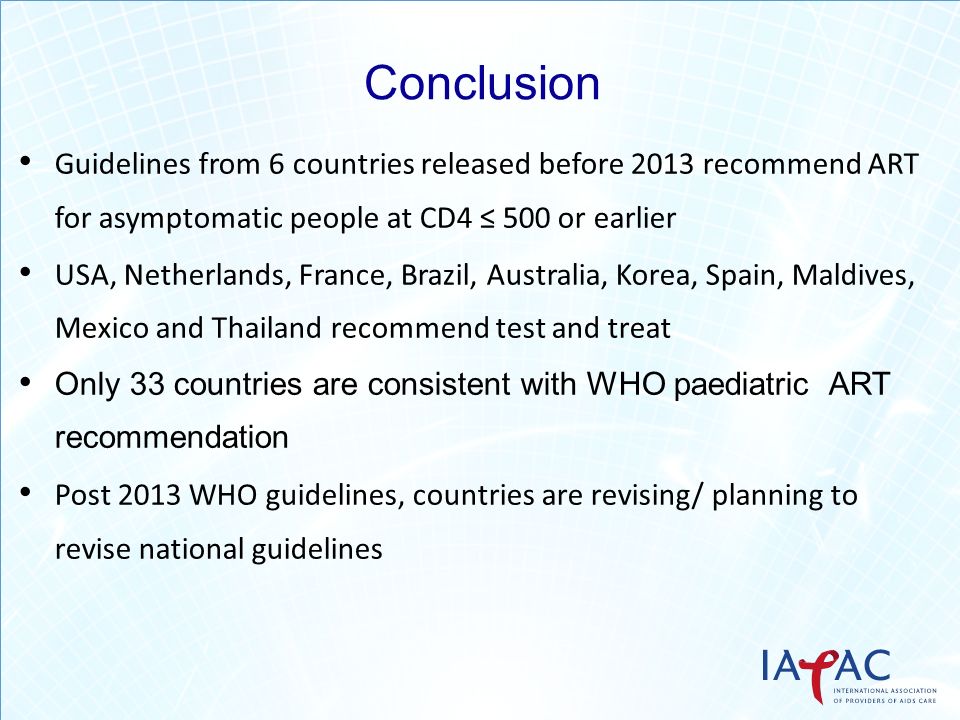 Conclusion Guidelines from 6 countries released before 2013 recommend ART for asymptomatic people at CD4 ≤ 500 or earlier.