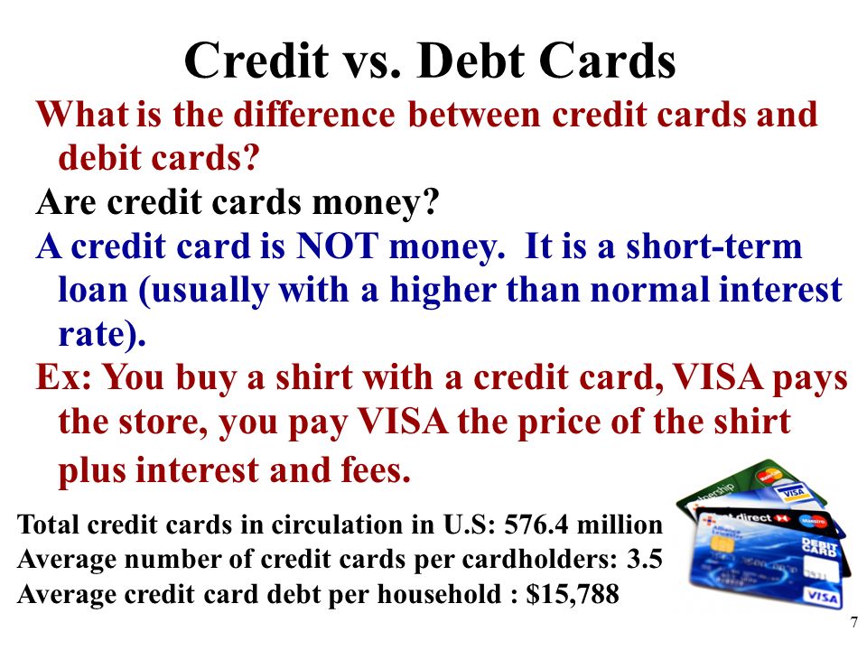 Credit vs. Debt Cards What is the difference between credit cards and debit cards Are credit cards money