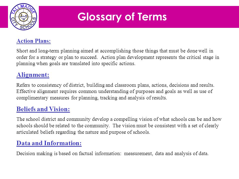 Glossary of Terms Alignment: Beliefs and Vision: Data and Information: