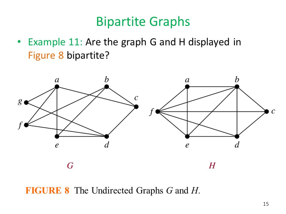 Bipartite Graphs Example 11: Are the graph G and H displayed in Figure 8 bipartite.