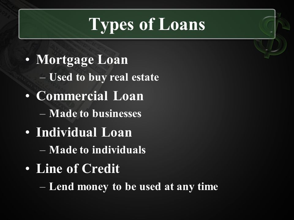 Types of Loans Mortgage Loan Commercial Loan Individual Loan