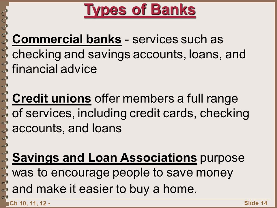 Types of Banks Commercial banks - services such as checking and savings accounts, loans, and financial advice.