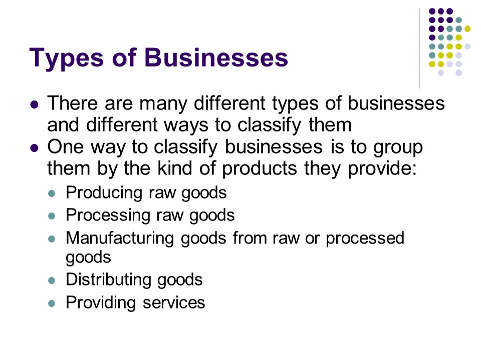 Types of Businesses There are many different types of businesses and different ways to classify them.